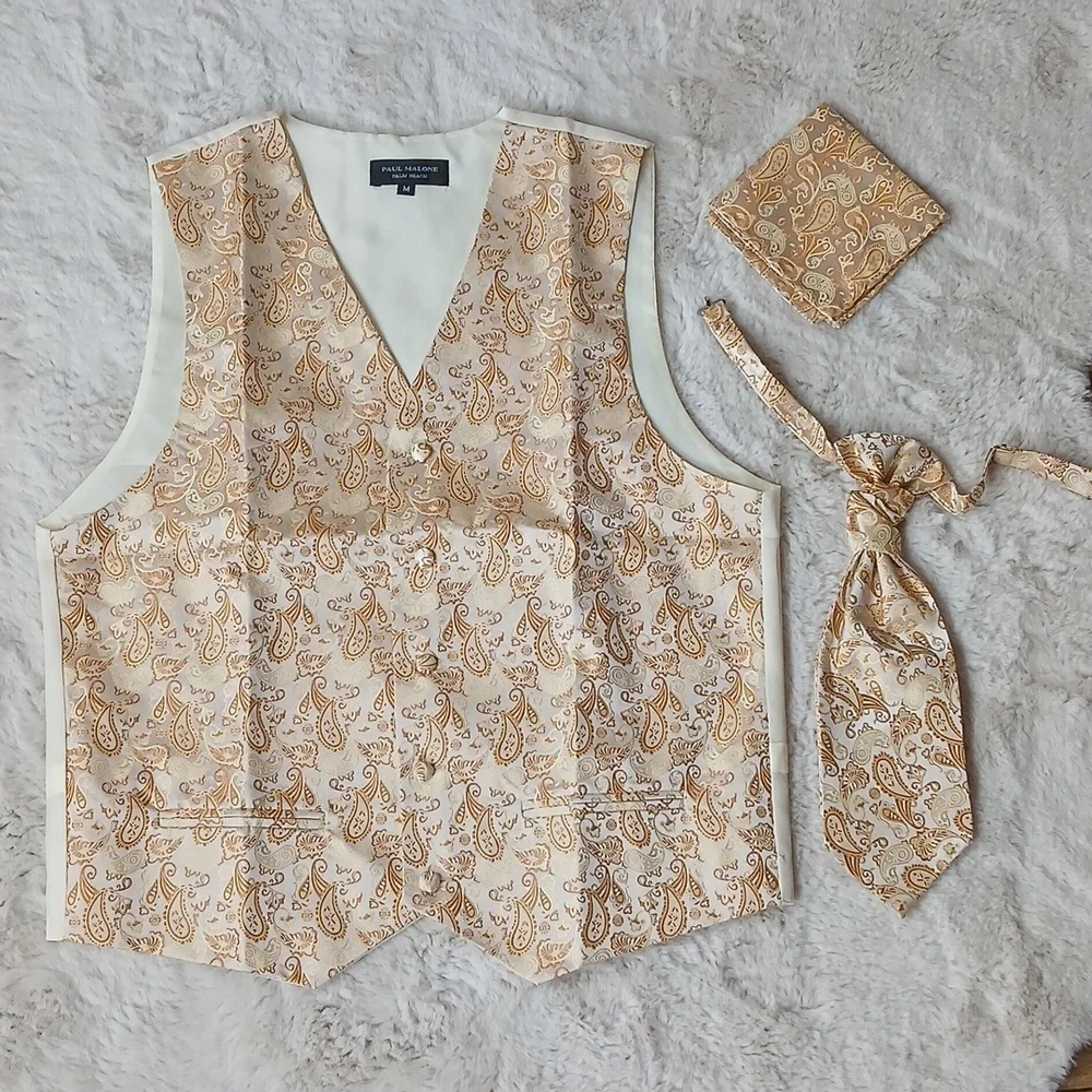 New Paul Malone Gold Paisley Tuxedo Vest Set. 3 Pc